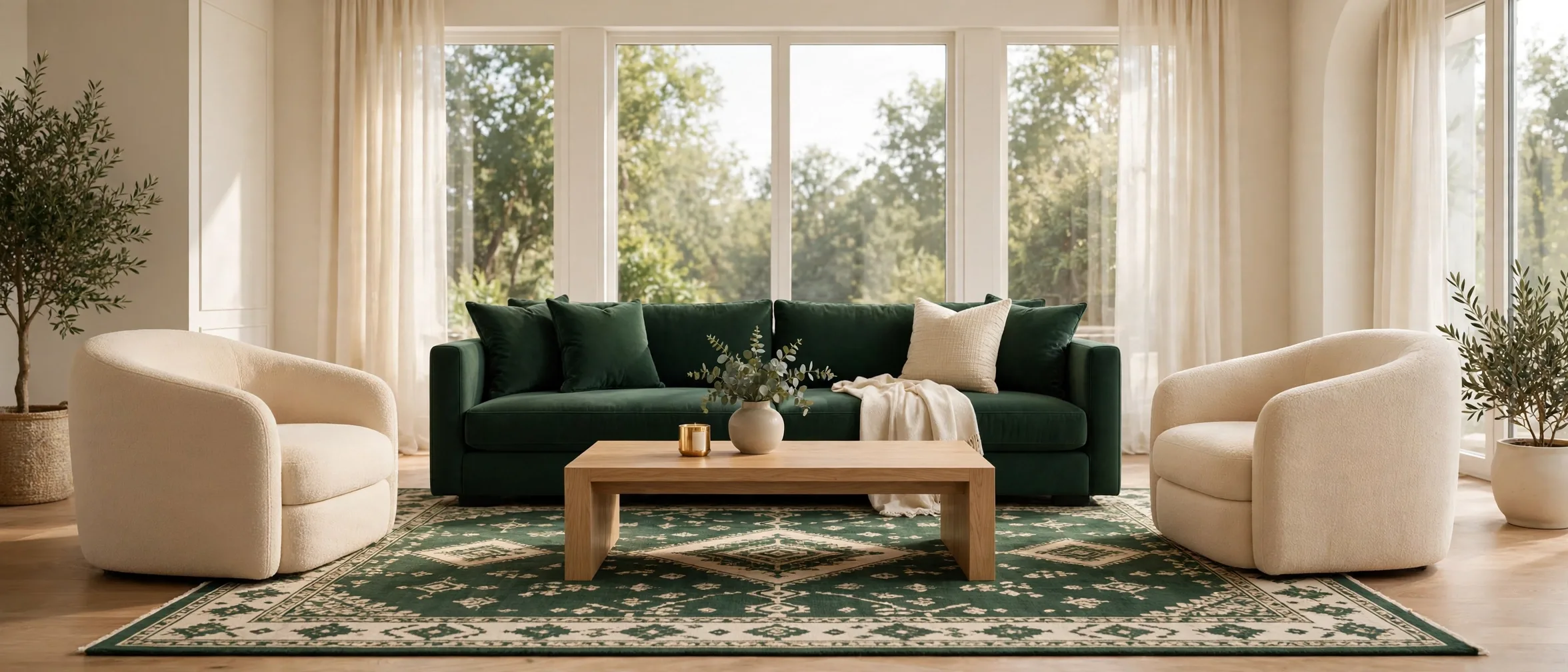 Coordinated green sofa and cream lounge chairs in a bright living room