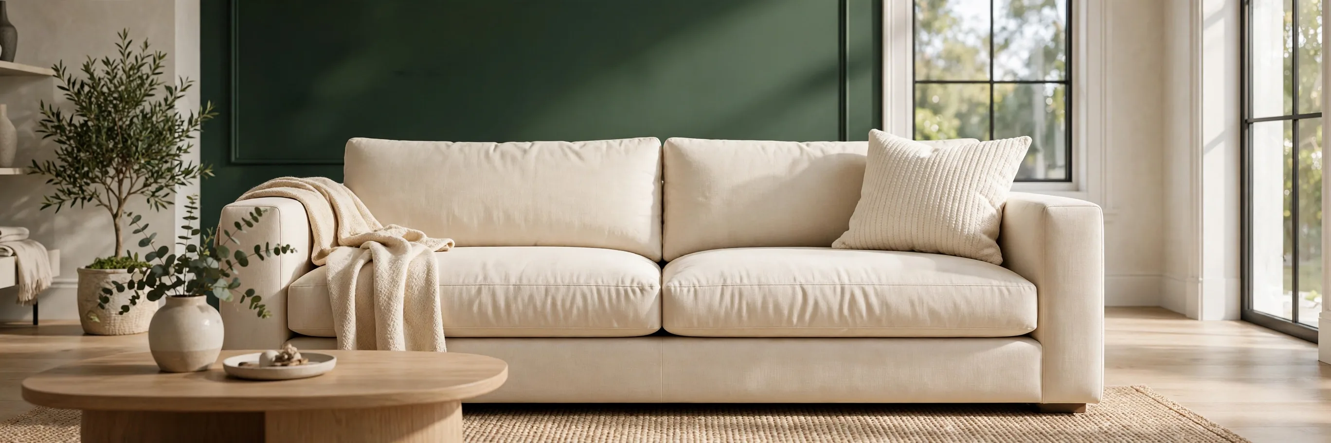 Fresh cream sofa in a sunlit room with deep forest-green walls