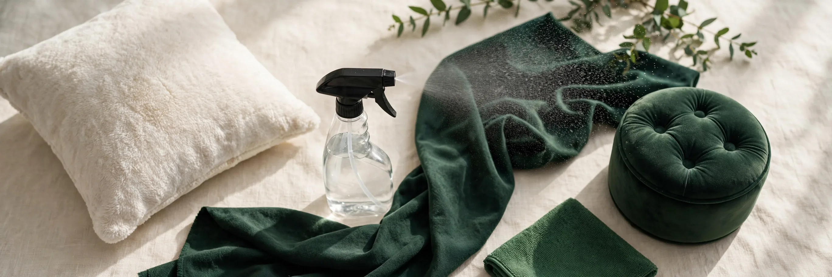 Fabric-care spray mist over cream and forest-green upholstery textiles